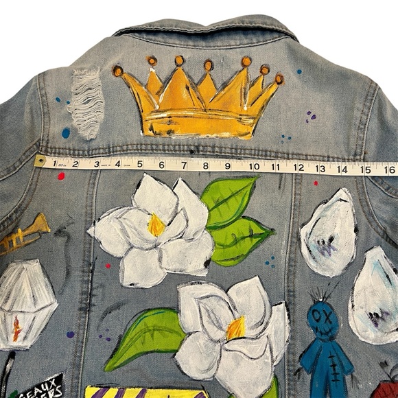 Hand Painted Louisiana Couture Denim Jacket Mardi Gras Ready! - Picture 12 of 12